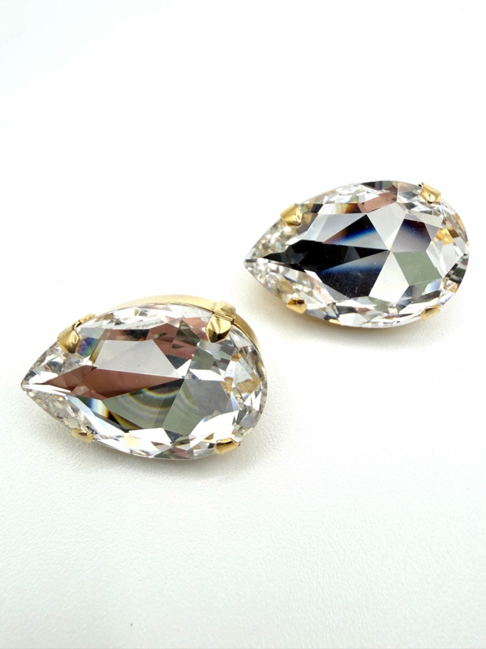 Vintage Clear Crystal Teardrop Clip On Earrings Gold Tone Statement